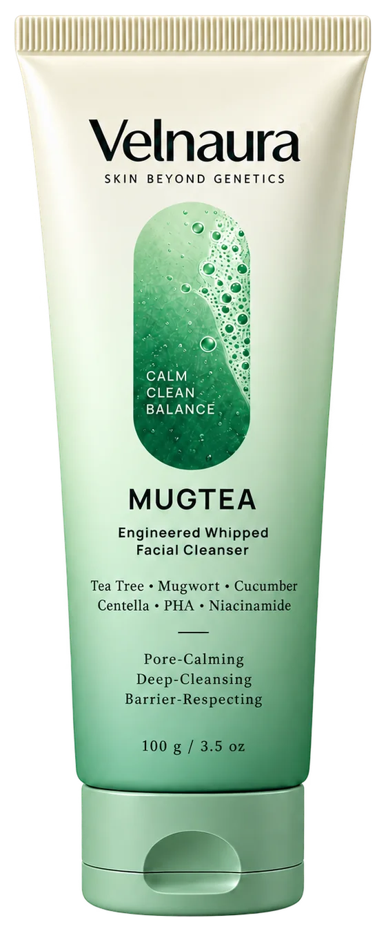 Velnaura Mugtea Engineered Whipped Facial Cleanser, a 100 g cream-to-sage-green squeeze tube with a ribbed cap, labelled Calm, Clean, Balance.