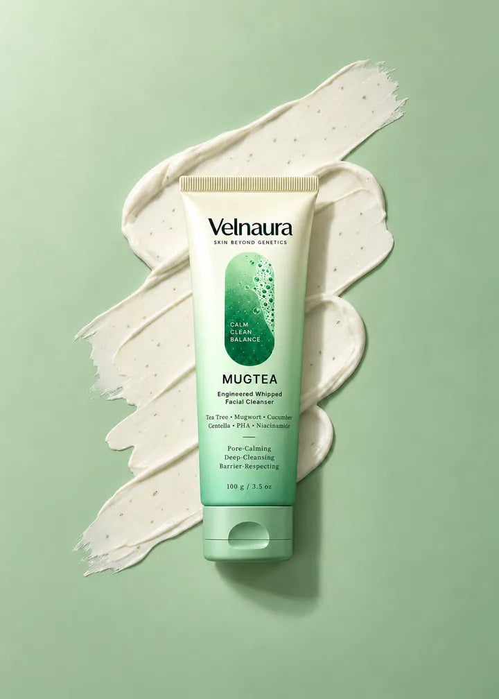 A tube of Velnaura Mugtea Engineered Whipped Facial Cleanser, 100 g, lying on a thick, glossy swipe of ivory paste dotted with tiny green flecks, on a soft sage-green surface.