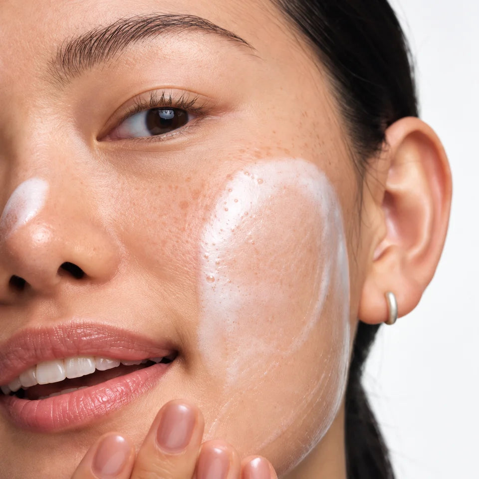 Close-up portrait of a woman with white cleanser on her cheek and nose.