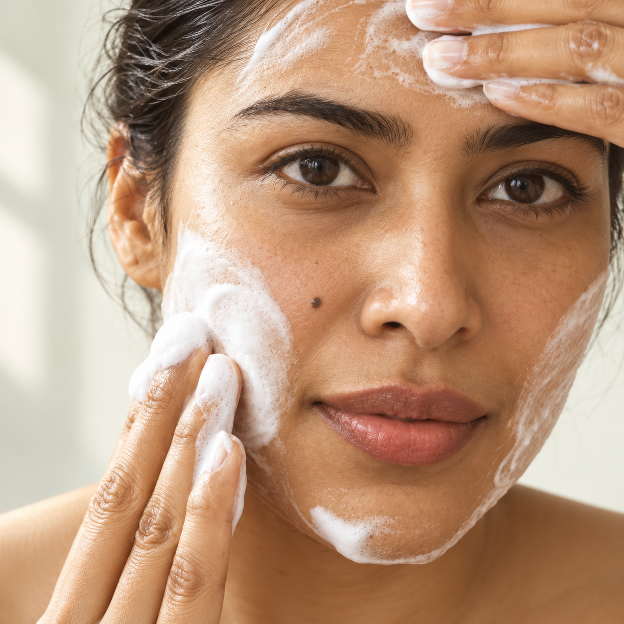Woman massaging cleanser foam onto her cheeks in soft daylight.