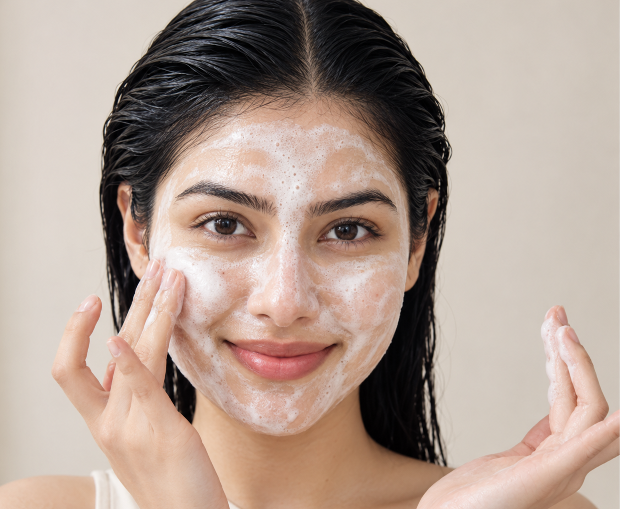 Smiling woman with wet dark hair and cleanser foam across her face, one hand at her cheek and the other raised.