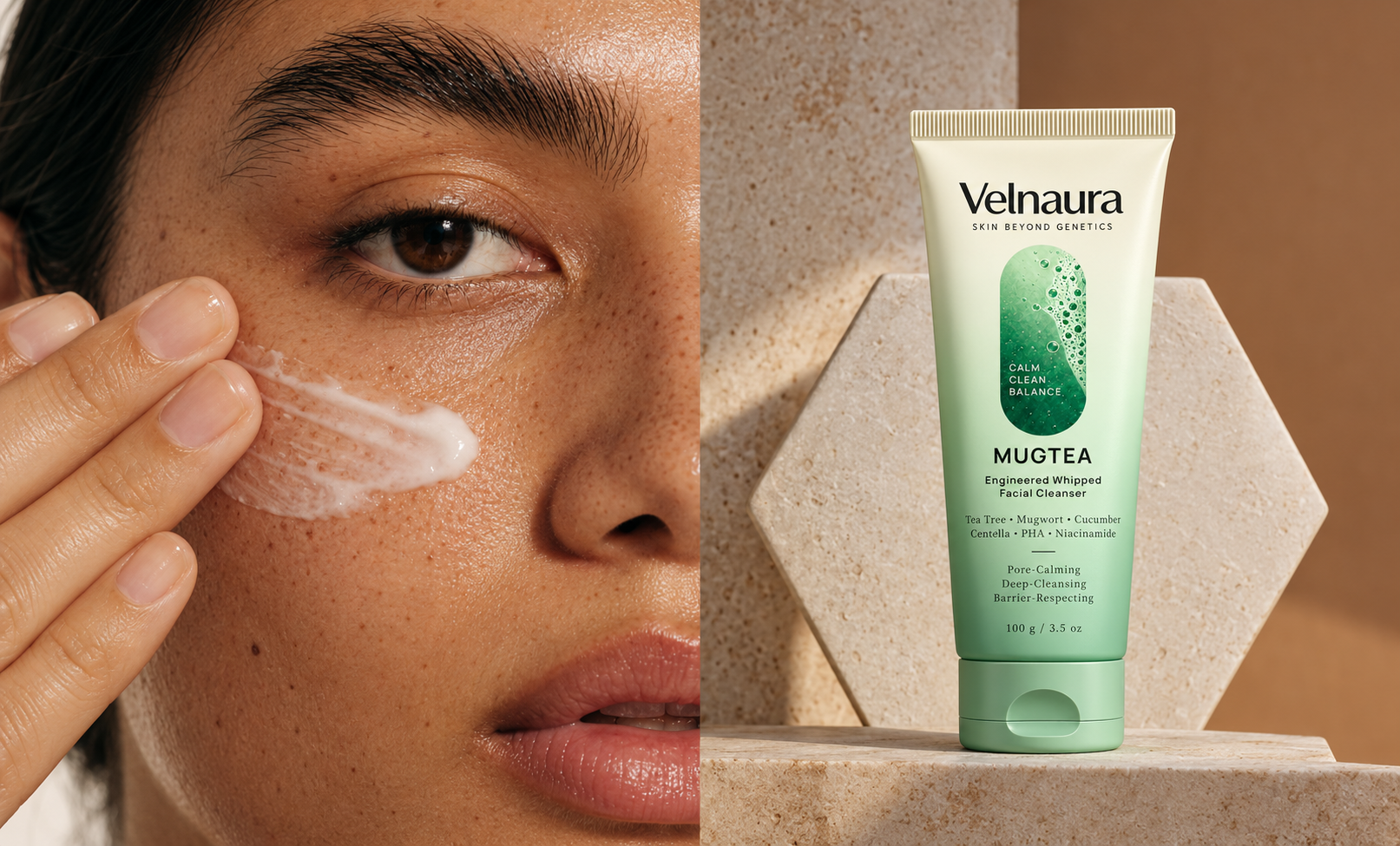 A woman applying creamy cleanser beside a Velnaura Mugtea tube on warm stone surfaces.