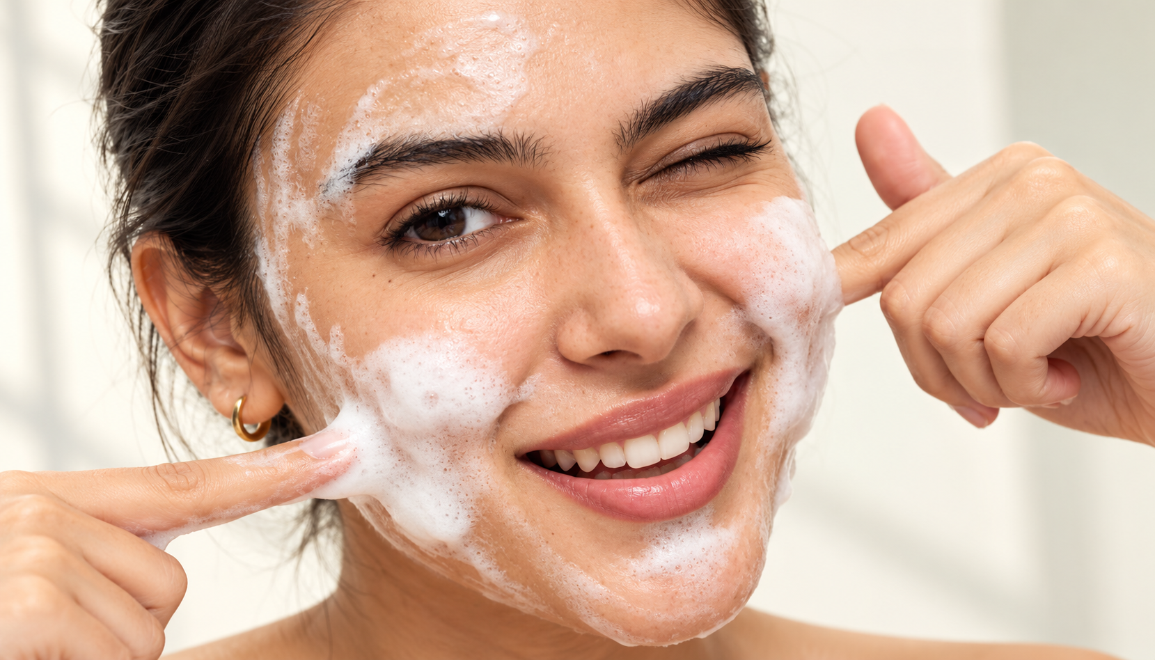 A smiling woman winks while pointing to cleansing foam on her cheeks.