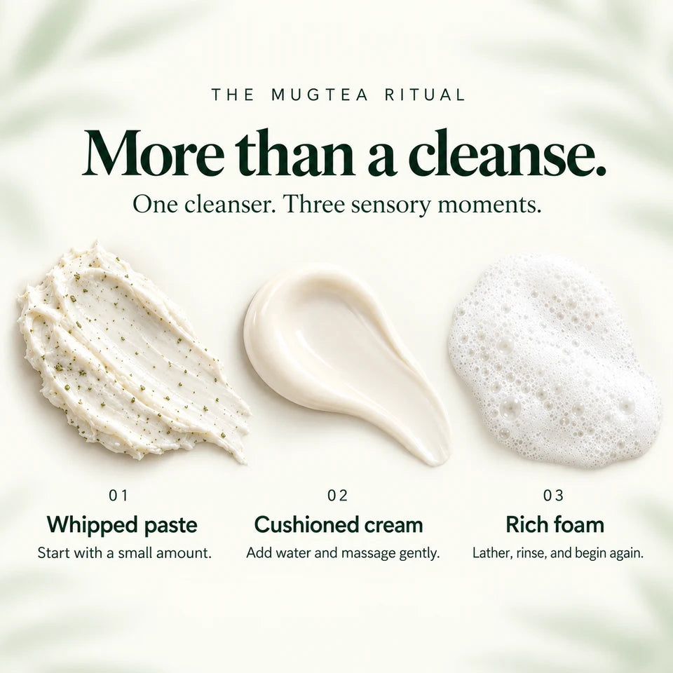 The Mugtea ritual illustrated as three textures: whipped paste, cushioned cream and rich foam.