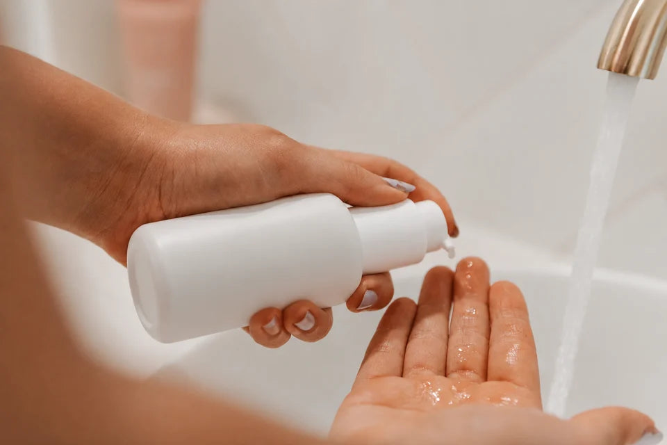 Hands dispensing cleanser from an unbranded white bottle beside running water in warm sink light.
